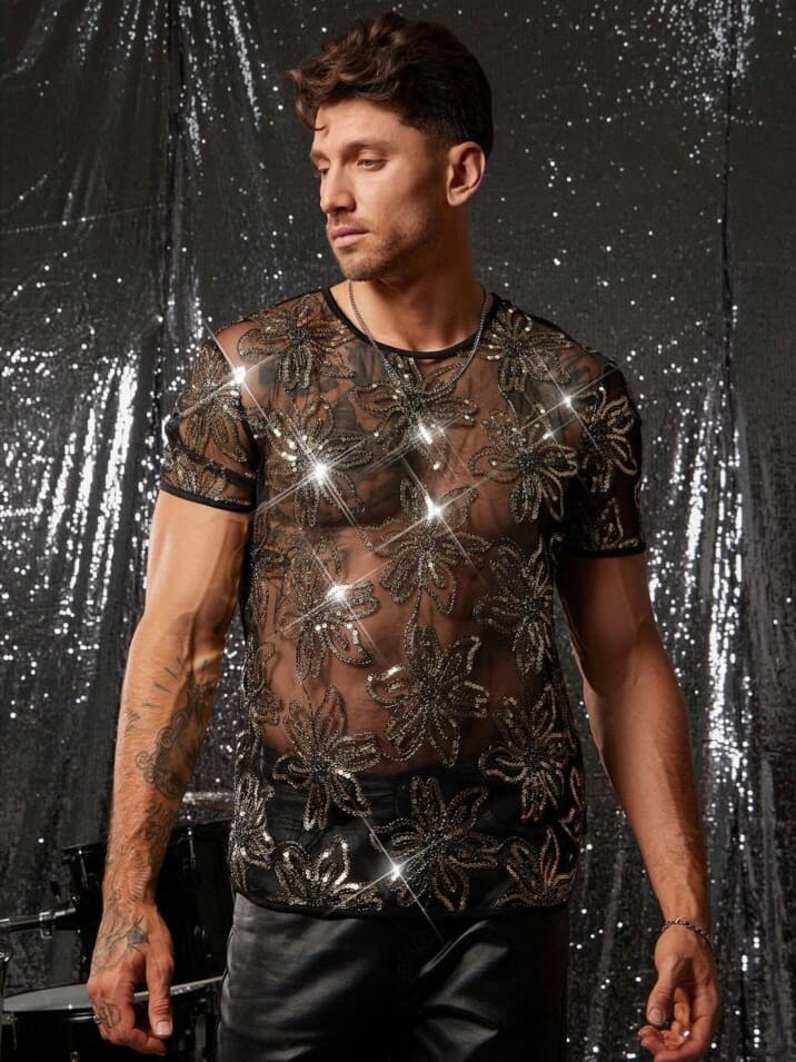 Bonga Boys Mans knitted Fashionable Casual Loose Sequin Decorated Short Sleeve T-shirt ;